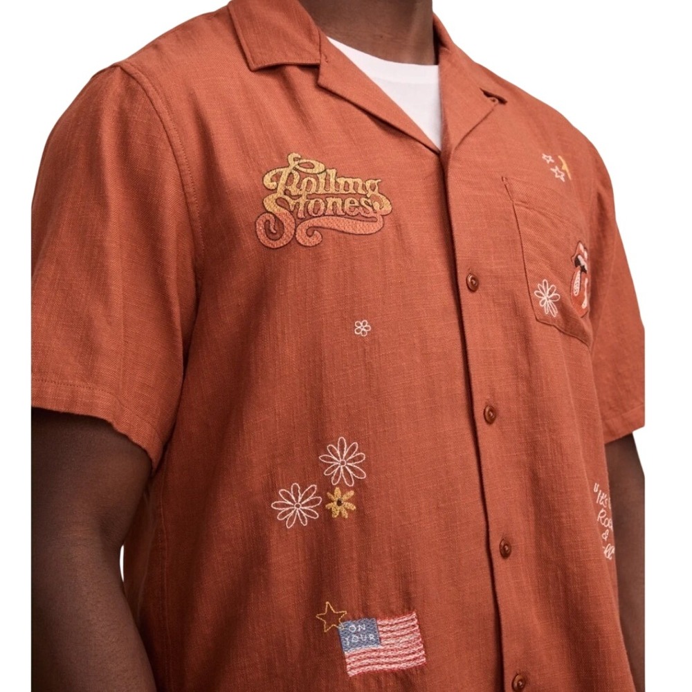 Lucky Brand Rolling Stones Embroidered button down Shirt Mens Medium Sequoia NWT